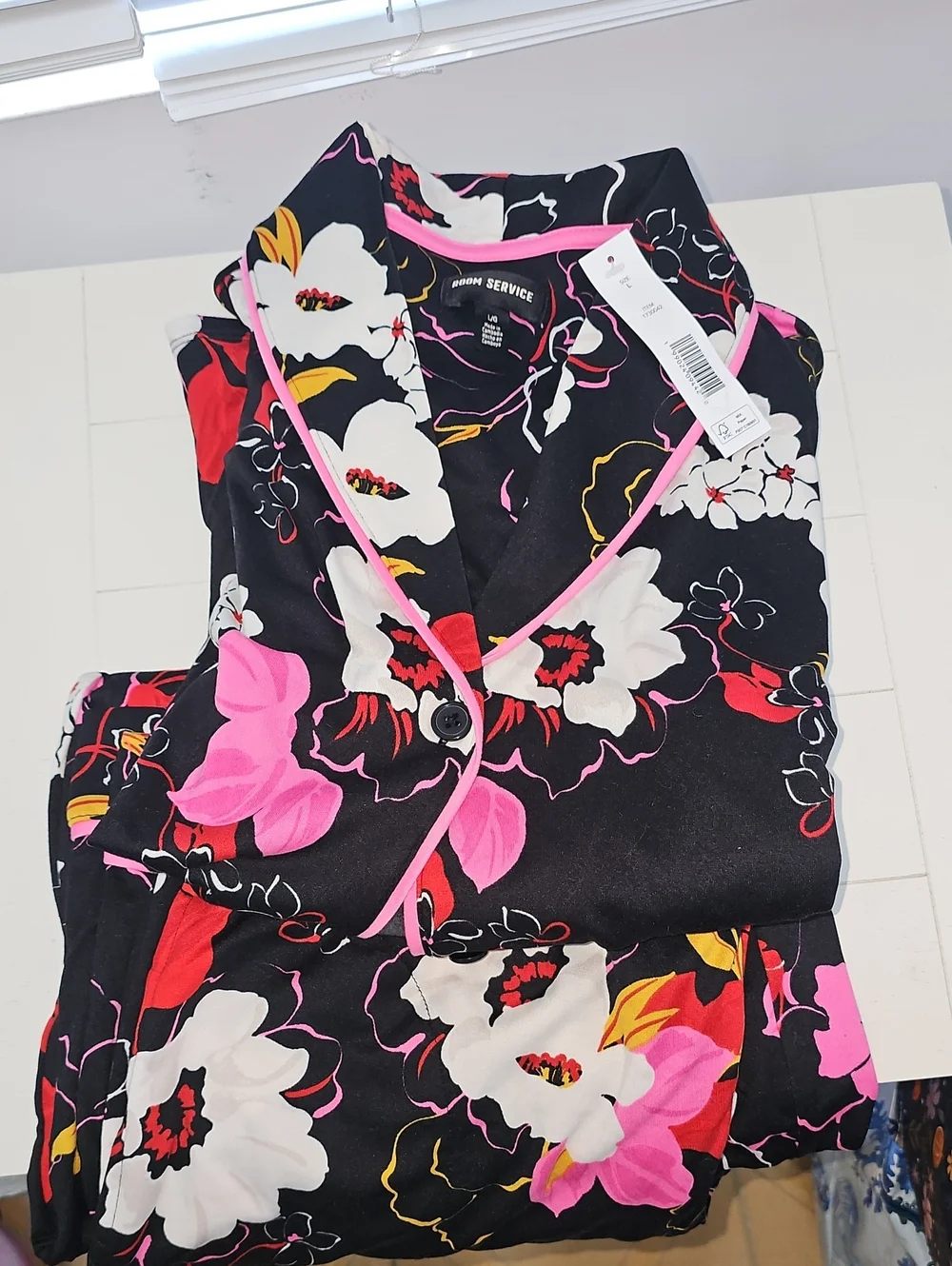 Room Service Women's Black Floral Pajama Set with Pink Trim